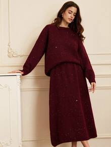 Aveloria Rosie 勃艮第酒红色闪亮亮片混纺休闲优雅百搭长款毛衣和中裙两件套，秋冬 - 酒紅色 - 查看 5