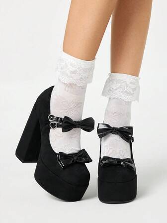 Goth Zapatos de tacón alto con plataforma y diseño bordado de moño, para mujer, para primavera/otoño