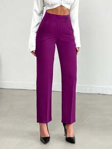 Pantaloni eleganti da donna a vita alta, di colore unito, con pieghe e tasche