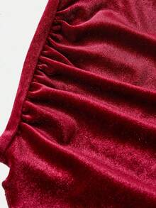 优雅的勃艮第天鹅绒不对称下摆水钻蝴蝶结装饰上衣和 A 字中长裙两件套，复古风格，适合少女，适合外出、聚会、派对、圣诞节、新年 - 酒紅色 - 查看 6