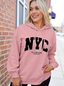 Flirla 大码女式标语字母“NYC ALL GIRLS TEAM SPORTS CLUB”城市名称图案印花保暖抽绳卫衣 - 藕粉色 - 查看 3