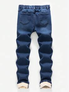 SHEIN 青少年男孩时尚休闲 Y2K 复古酷炫街头返校学院风基本款简约深蓝色牛仔抓绒鞋底保暖抓绒弹力修身牛仔裤，适合青少年男孩日常穿着，柔软舒适，也适合儿童秋冬季锐舞派对、节日和街头服饰校园穿着。