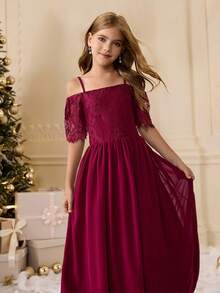 Elegant Burgundy Traditional Wedding Dress For Tween Girls,Luxurious Off Shoulder Short Sleeve Long Mesh Summer Gown For Party,Banquet,Flower Girl - Burgundy - View 7