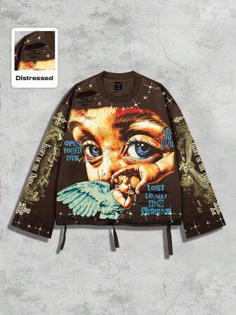 Street Life Vintage Streetstyle verwaschenes Heiligen-Grafik Langarm Rundhals Herren T-Shirt, für den Herbst