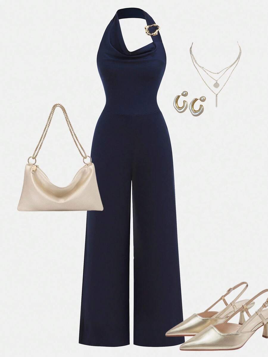 Girlism Fashionable Backless Metal Decor Bodysuit For Teen Girls, Elegant & Stylish, Suitable For Party & Evening Events Jumpsuit Wide Leg Jumpsuit Halter Neck Jumpsuit One Piece Jumpsuit Navy Blue Jumpsuit - Navy Blue - View 1