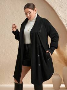 SHEIN Clasi Curvy Plus Size Women's Black And White Elegant Autumn Single-Breasted Overcoat,Vintage Raglan Sleeve Thermal Lined Warm Trench Coat With Pockets - Black - View 8