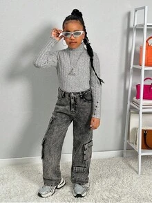 SHEIN SLAYR Tween Girl Tween Girls Brand Promotion - Buy 1 Get 2 High Neck Ribbed Long Sleeve Knit Top With Buttons Fall Winter - Multicolor - View 4