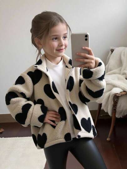 SHEIN 2pcs Young Girls Loose Fluffy Heart Zip Up Hoodie Jacket & Fitted PU Leather Leggings Set, Furry Coat + PU Pants Outfit, Suitable For Autumn/Winter, Street Style, Casual Daily, Sports Long Sleeve Tops Long Sleeve Tops Fall Girl Sweater Jacket Kid Cardigan Cowprint Outfit Girls Girl Clothes Autumn And Winter Clothes Young Girl Cardigan