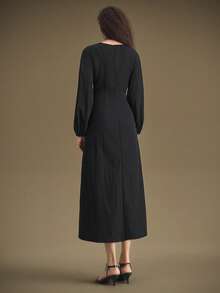 Ontre 2025秋冬新款派对/新年长裙，女士纯色收腰宽松外套，适合教师、俱乐部、秋冬季穿着，复古休闲商务风，黑色铅笔条纹收腰优雅通勤装，都市时尚，万圣节、圣诞节、情人节、感恩节等节日皆宜，女士职业装，时尚长袖圆领长款连衣裙 - 黑色 - 查看 3