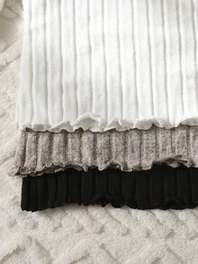 3 件套青少年女孩罗纹立领长袖修身 T 恤，休闲百搭上衣，适合居家和日常穿着，黑色/白色/杏色