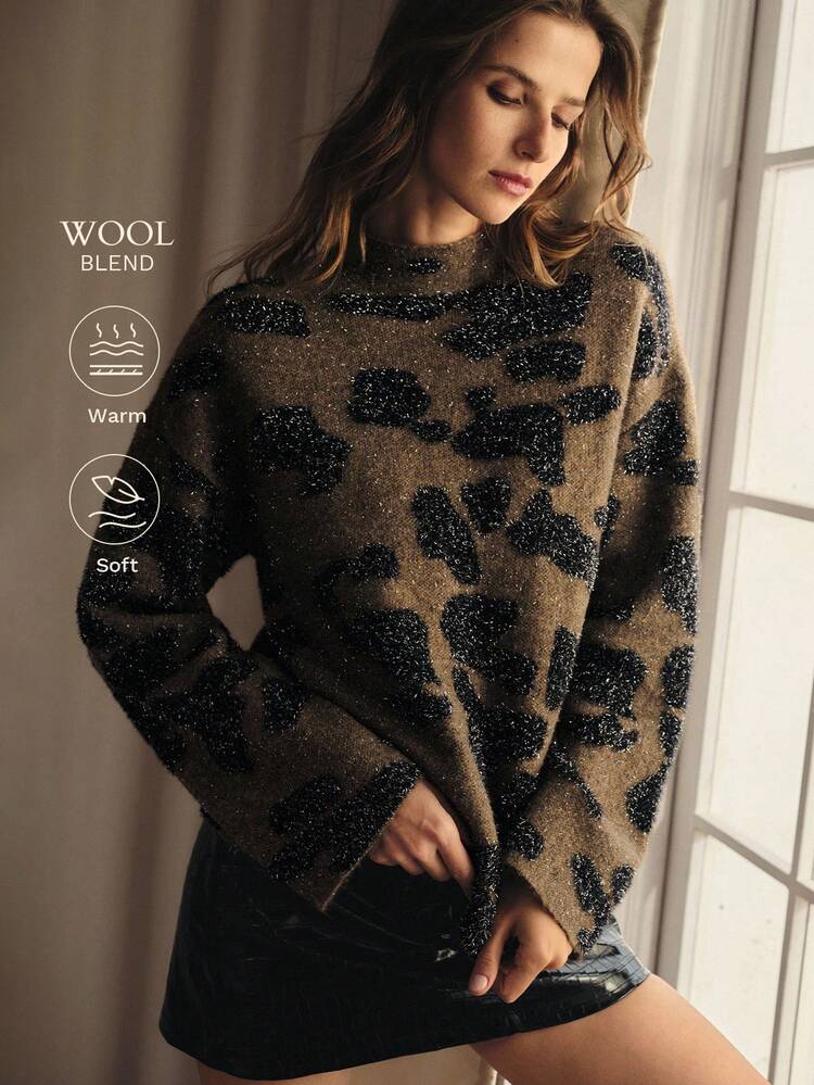 MAGLIONE OVERSIZE IN PELLICCIA CON STAMPA LEOPARDATA, ADATTO PER FESTE IN AUTUNNO/INVERNO