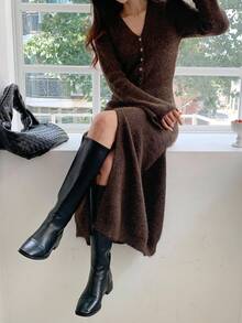 DAZY Women's V-Neck Long Fluffy Sweater Dress Fall/Winter