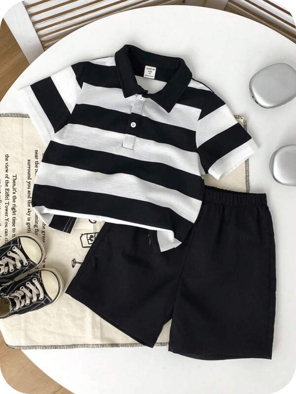 SHEIN 2pcs Kids/Boys Casual Everyday Classic Black & White Striped Polo Shirt And Black Shorts Set, Comfortable Fashion Outfit Suitable For Spring/Summer Daily Wear, Sports, Outings, School, Party, Holiday, Photo Shoots