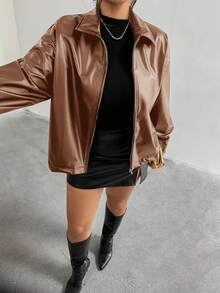 Firerie Plus Size Women Long Sleeve PU Leather Jacket Autumn Winter - Mocha Brown - View 7