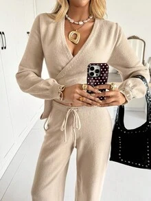Siren Gaze 2pcs/Set Women Solid Color V-Neck Wrap Sweater With Puff Sleeves&Drawstring Waist Ribbed Knit Wide Leg Pants,Beige Autumn Casual Lounge Elegant Outfit - Apricot - View 5