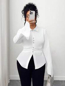 SHEIN Elenzya Áo cánh dài tay xếp ly đính nút ngọc trai trơn màu cho nữ - trắng - Xem 4