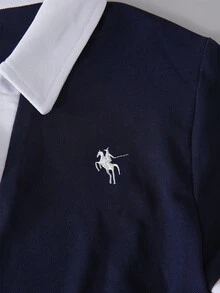 INAWLY T-shirt casual à manches longues pour femmes grandes tailles, avec col polo, blocs de couleurs et broderie - Bleu marine - Voir 3