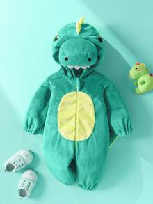 SHEIN Newborn Cute Plush 3D Dinosaur Shaped Romper, Long Sleeve & Pants Jumpsuit Fall Winter