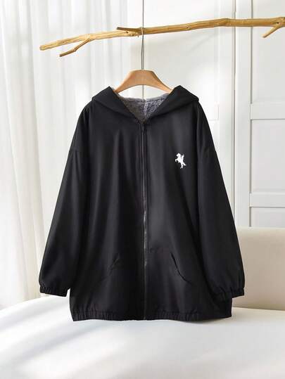 SHEIN CURVE+ Curve 大码/秋装/秋季女装/女冬装/冬装大码马匹印花连帽夹克，秋冬大码女装大码夹克 8xl 女装女士大码连帽衫 Curve 秋装女士秋季服装，冬季，CURVE PLUS/秋冬