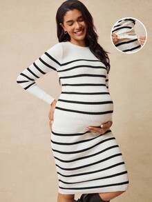 SHEIN 孕妇条纹圆领长袖修身休闲毛衣套装 - 杏色 - 查看 1