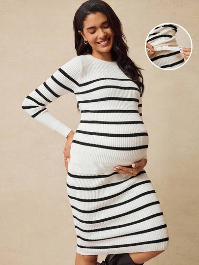 SHEIN Conjunto de suéter casual de manga larga, cuello redondo y ajustado a rayas para maternidad