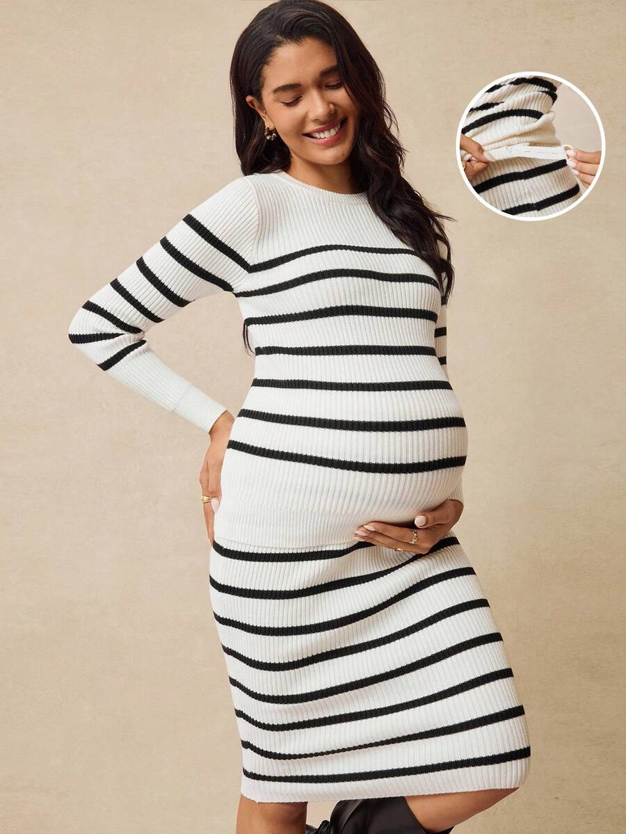 SHEIN 孕妇条纹圆领长袖修身休闲毛衣套装 - 杏色 - 查看 1