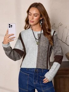 SHEIN LUNE Pull décontracté à col rond et épaules tombantes, blocs de couleurs, automne/hiver pour femmes - Gris - Voir 6