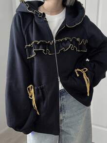 FRIFUL Women's Casual Ruffled Zip-Up Sweatshirt, Autumn Jacket - Navy Blue - View 1