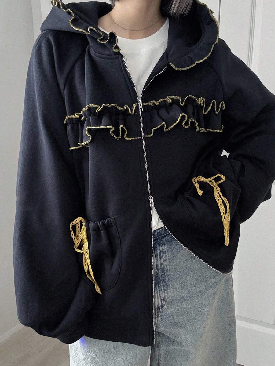 FRIFUL Women's Casual Ruffled Zip-Up Sweatshirt, Autumn Jacket - Navy Blue - View 1