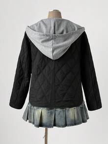 Sunspun 大码女式休闲撞色连帽黑色棉服大衣 - 黑色 - 查看 2