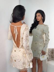 SHEIN EZwear Rochie mini pentru femei, culoarea șampaniei, cu broderie din plasă, mâneci evazate, spate fără bretele - Caisă - Vizualizare 1