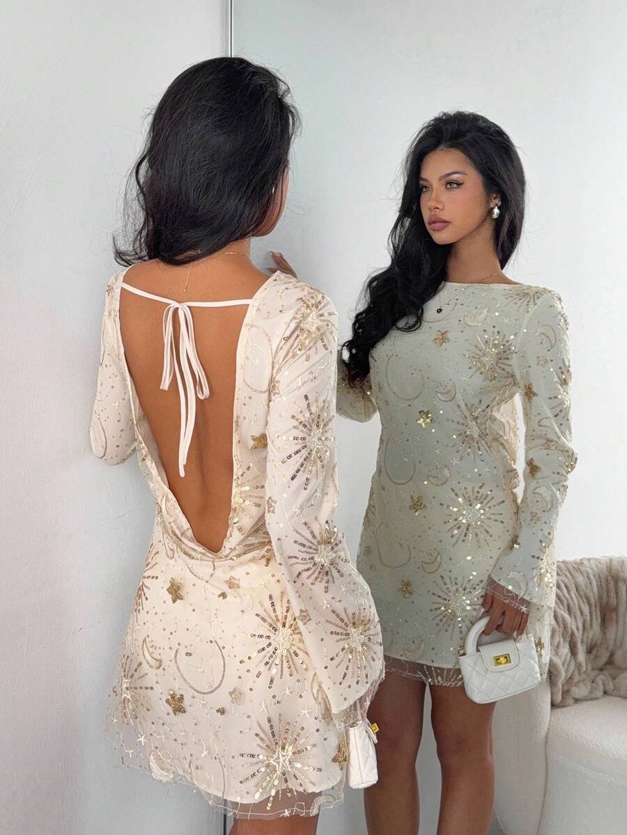 SHEIN EZwear Rochie mini pentru femei, culoarea șampaniei, cu broderie din plasă, mâneci evazate, spate fără bretele - Caisă - Vizualizare 1