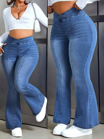 Flexra Plus Size Women's Fashionable Casual Washed Flare Jeans
