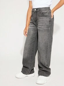 Radiana Tween 女童 Y2K 时尚复古水洗高腰猫须水洗宽松直筒牛仔裤，Tween 女童秋冬装返校街头服饰 - 灰色 - 查看 6