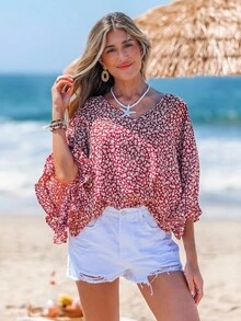 Sylviya Ditsy Floral Print Batwing Sleeve Blouse - Multicolor - View 3