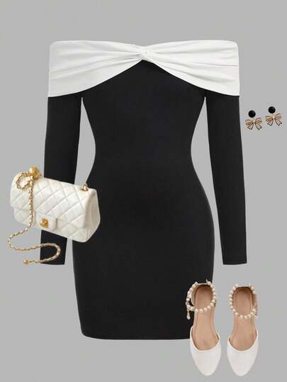 SHEIN Girlism Vestido curto de malha com estampa de blocos de cores preto e branco, torcido, justo e justo, para meninas adolescentes, vestido casual elegante para Halloween, Natal, festival de primavera, festas e ocasiões casuais