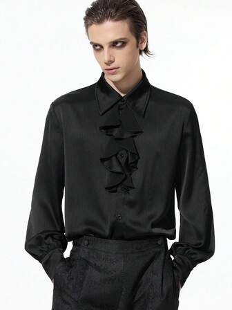 Goth Camicia elegante da uomo in stile gotico scuro con rifiniture a volant, manica lunga, autunnale