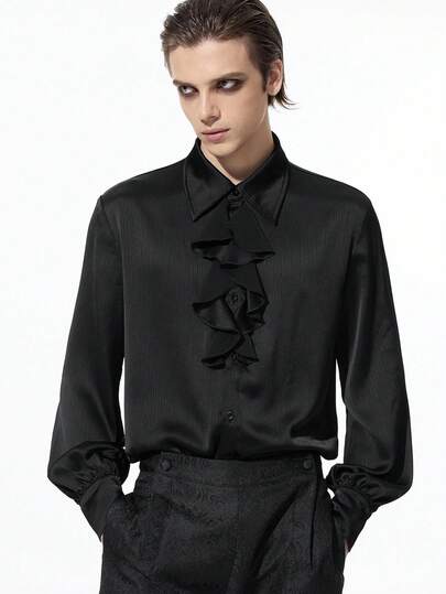 Goth Camicia elegante da uomo in stile gotico scuro con rifiniture a volant, manica lunga, autunnale