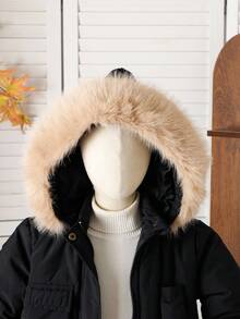 Áo khoác parka trùm đầu dày cho bé trai, cổ lông giả, khóa kéo, túi, tay dài, thời trang cho mùa thu/đông - màu đen - Xem 7