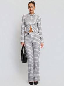 Avenya Black And White Checkered Slim Flared Pants For Women,Low-Waist Plaid Trousers,Autumn Business Casual Work Office Wear,Y2K Vintage Old Money Style - Grey - View 7