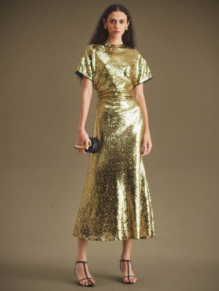 Women's Elegant Gold Sequin Maxi Dress,Summer Birthday Dinner Party Dress,Shiny Flutter Sleeve Fitted Extra Long Gown For Wedding Guest & Christmas