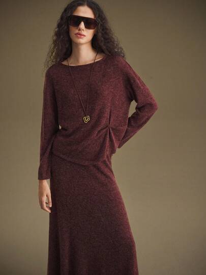 Ontre 2 件套女士优雅棕色针织超大圆领长袖上衣和裙子套装，简约风格，适合日常穿着和商务通勤，2025 年新品