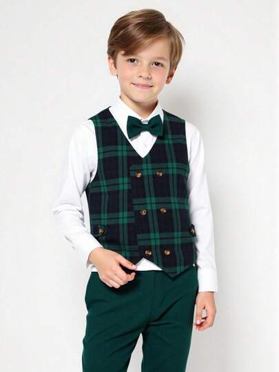 Souflis Souflis Young Boys Academy-Style Formal Set: Woven Plaid Vest With Double-Button Detail, Corduroy Trousers & Bow Tie Shirt - Cozy Fall/Winter Gift3-Piece Set: Jacquard Vest + Corduroy Pants + Bow Tie Shirt, Academic Style Formal Suit For Wedding/Performance/Birthday Party