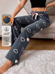 RueChic Fleece Contrast Heart Printed Lounge Bottom - Black - View 1