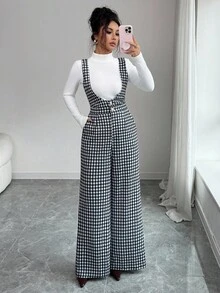 Elenzga Bộ đồ liền thân ống rộng có túi cài nút họa tiết răng sói thanh lịch + áo len cổ lọ 2 món dành cho nữ, mùa thu - Nhiều màu - Xem 1