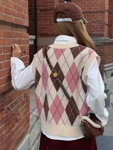 DAZY Teen Girls Loose Fit Diamond Pattern Sweater, Sweet Style For Autumn Vest - Pink - View 7