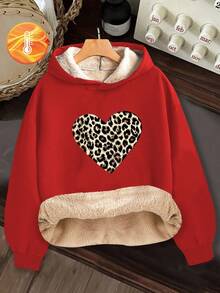 Sparklyn Áo sweatshirt dài tay dáng rộng, thanh lịch, phong cách vintage họa tiết da báo và trái tim dành cho bé gái tuổi teen, thích hợp mặc ngoài. - Đỏ - Xem 4