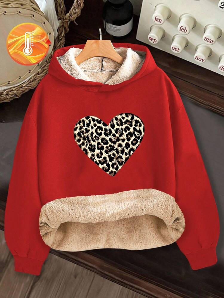Sparklyn 1件少女优雅休闲复古豹纹爱心图案长袖宽松卫衣，适合外穿 - 紅色 - 查看 4