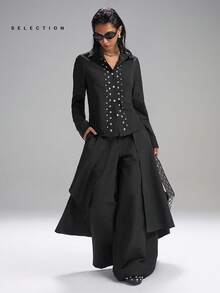 LYSMO 2025 新款极简主义秋季女装时尚黑色不对称裙摆拼接阔腿裤，日式极简主义中性风，街头极简主义廓形，垃圾摇滚暗黑时尚，前卫单品，时尚必备单品，返校节、返校节、2000 年代风格、Y2K 女装，街头潮流 - 黑色 - 查看 7