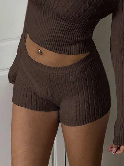 SHEIN EZwear 女士咖啡棕色休闲针织短裤，秋季短裤